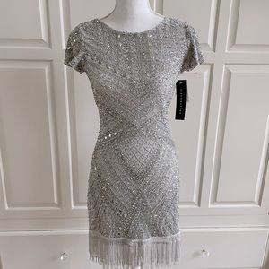 Aidan Mattox Silver Platinum Beaded Dress With Fringe NWT SZ 4